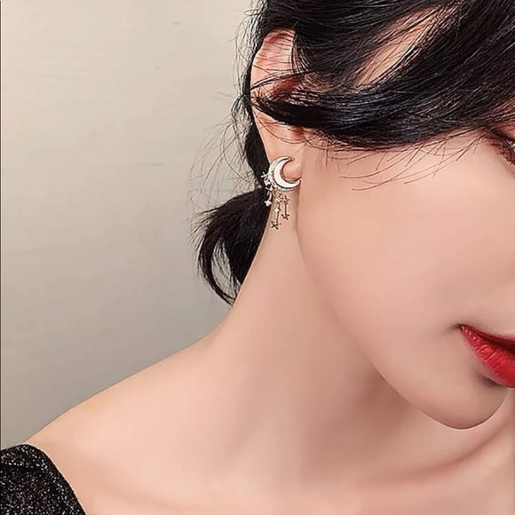 3/$30 Gold Star & Moon Rhinestone Drop Earrings - Picture 2 of 2